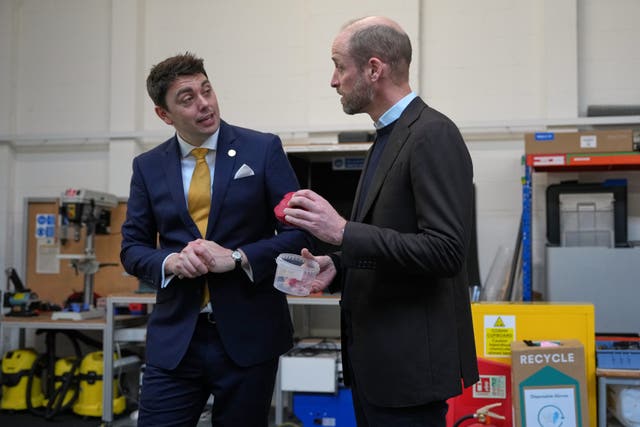The Prince of Wales talks to CEO Adam Root during a visit to 2025 Earthshot Prize finalist Matter, a pioneer in sustainable technology based in Bristol