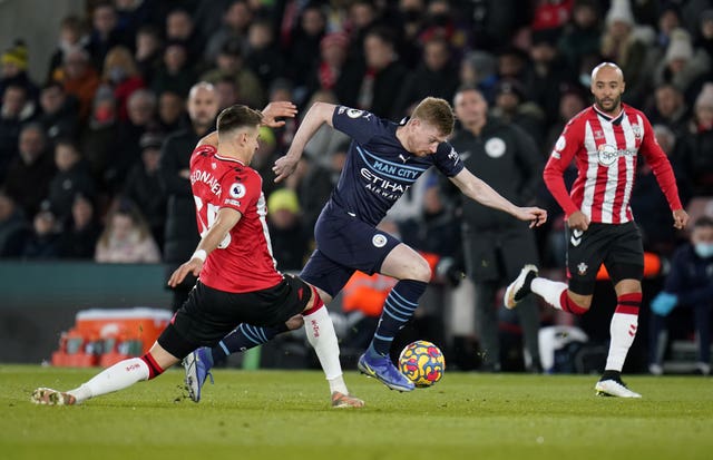 Kevin De Bruyne, centre, has been in top form for City this season