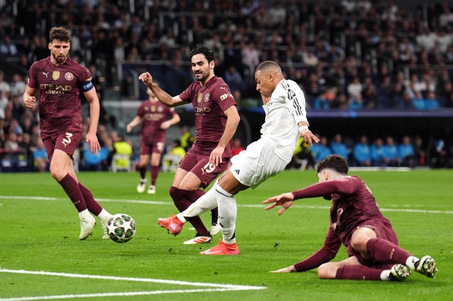 Madrid’s Kylian Mbappe scores against Manchester City