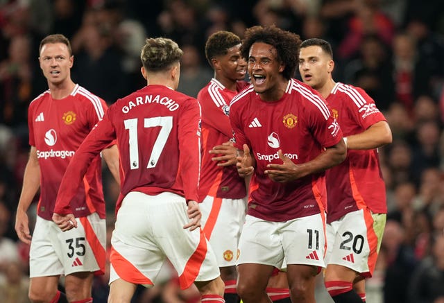 Manchester United’s Joshua Zirkzee celebrates scoring his side’s winning goa