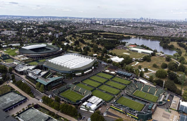 A general view overlooking the All England Lawn Tennis and Croquet Club at Wimbledon