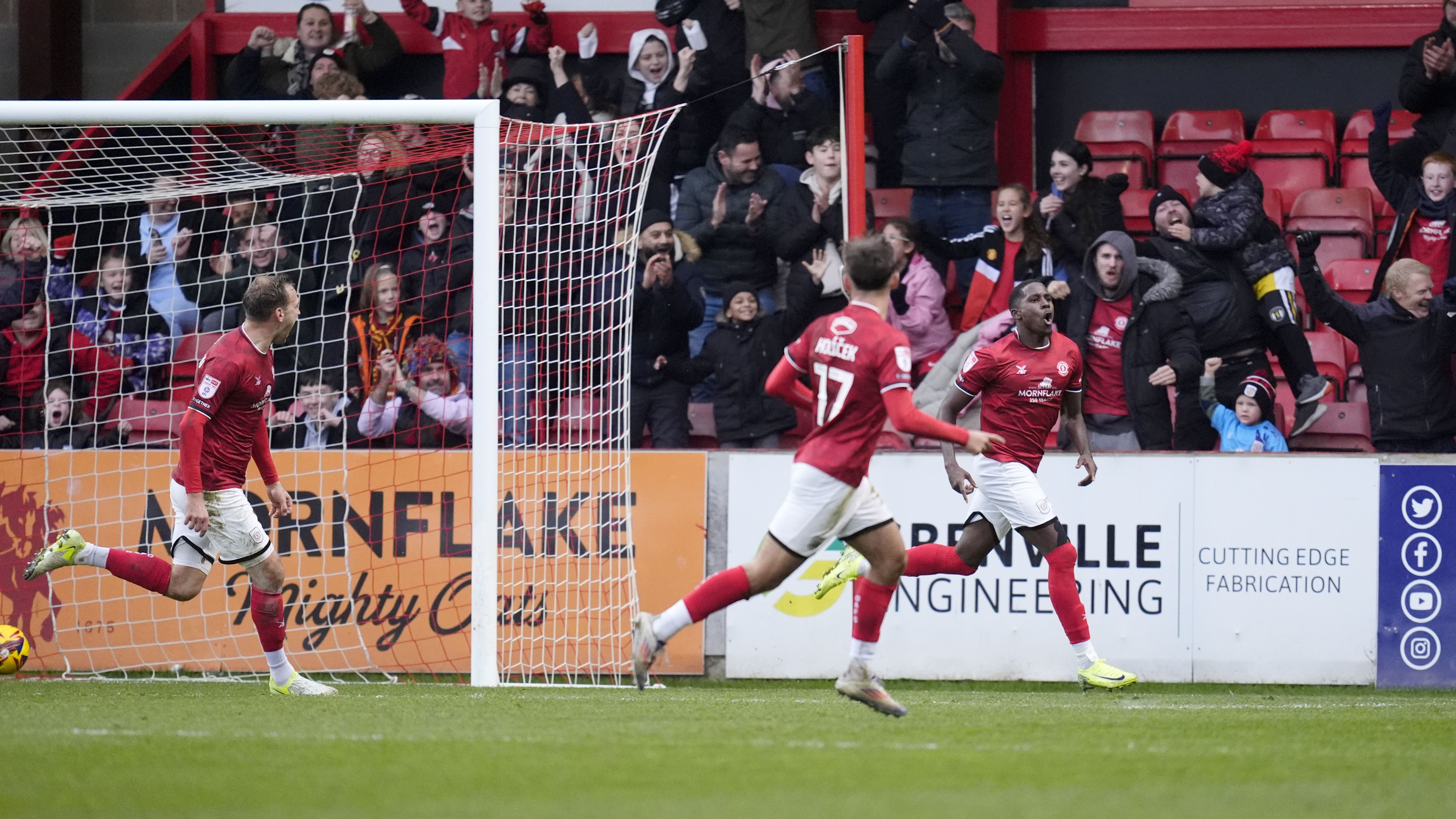 Shilow Tracey celebrates scoring for Crewe against Notts County (Nick Potts/PA)