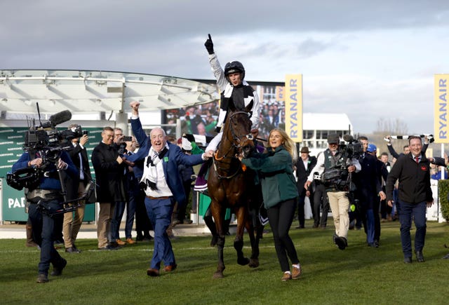 Jockey Danny Mullins celebrates on Flooring Porter after winning the Paddy Power Stayers’ Hurdle at the Cheltenham Festival in 2022