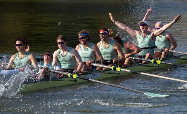 Cambridge University celebrate winning the 166th Men’s Boat Race. The famous battle with Oxford University was held on the River Great Ouse near Ely in Cambridgeshire instead of the Thames as the country was in a lockdown at the time