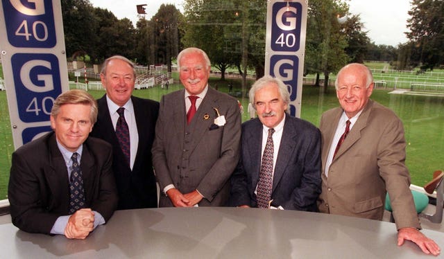 Steve Ryder, David Coleman, Peter Dimmock, Des Lynam and Frank Bough during a celebration for the 40th anniversary of Grandstand