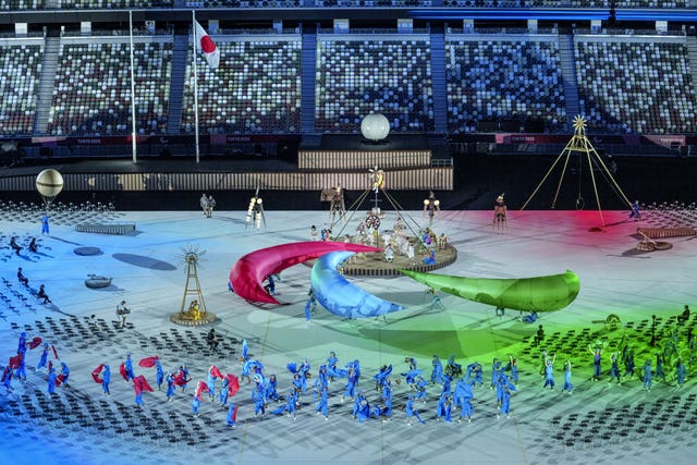 Three large inflatable Agitos during the opening ceremony