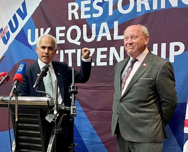 Reform UK deputy leader Ben Habib (left) and TUV leader Jim Allister during the TUV manifesto launch at Dunsilly Hotel in Co Antrim