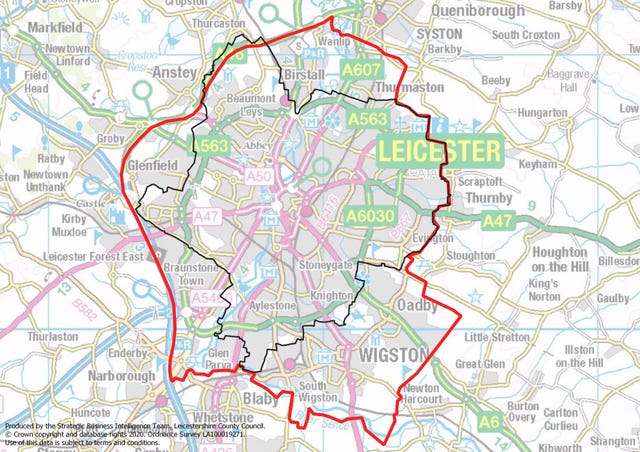 A map showing the lockdown in Leicester due to coronavirus 