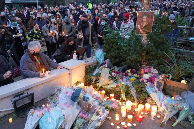 People hold a vigil outside the London Irish Centre in Camden in memory of murdered primary school teacher Ashling Murphy 