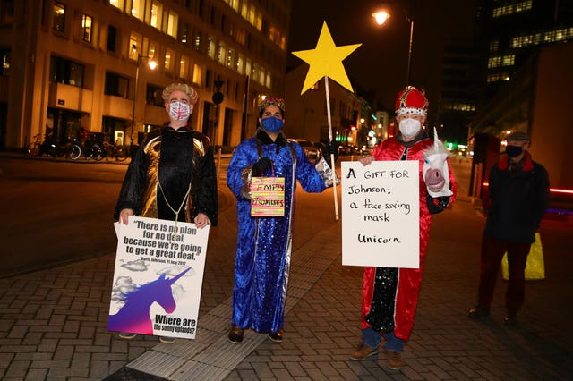 ‘Three Kings’ outside the Berlaymont building, the Headquarters of the European Commission in Brussels, ahead of the visit by Prime Minister Boris Johnson