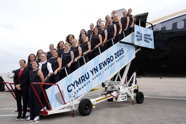 Wales Women Euro 2025 Squad pose before getting on the plane at Cardiff Airport. Picture date: Sunday June 22, 2025.