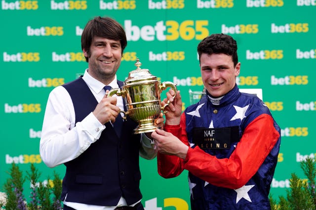 Christian Williams and jockey Jack Tudor after Kitty's Light won the Bet365 Gold Cup