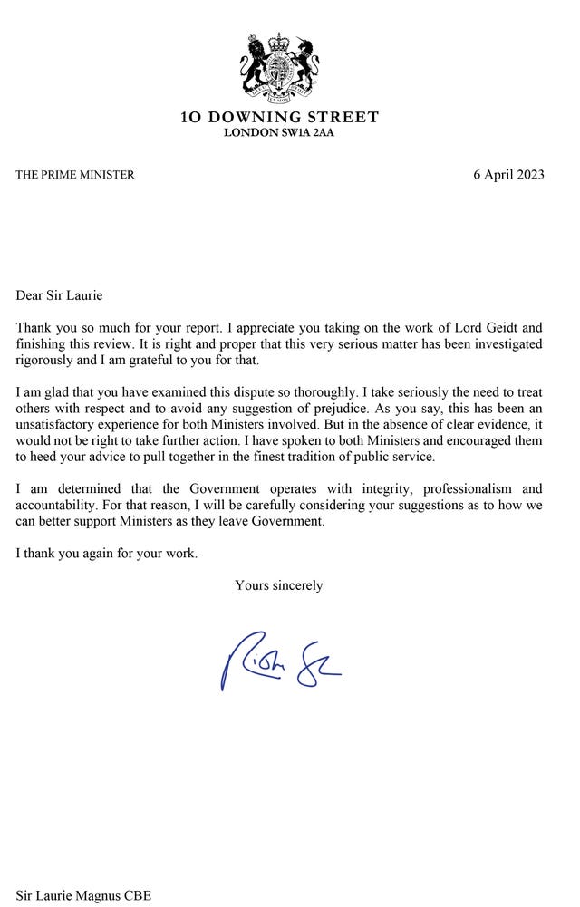 A letter from Prime Minister Rishi Sunak to Sir Laurie Magnus 