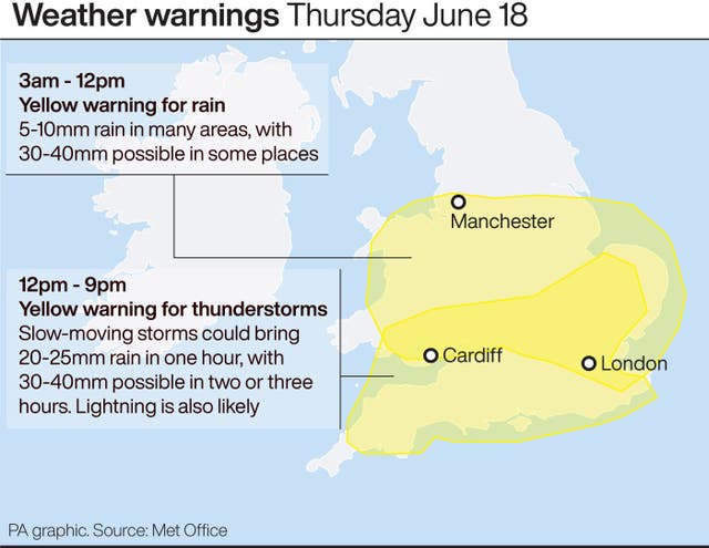 Weather warnings for rain and thunderstorms