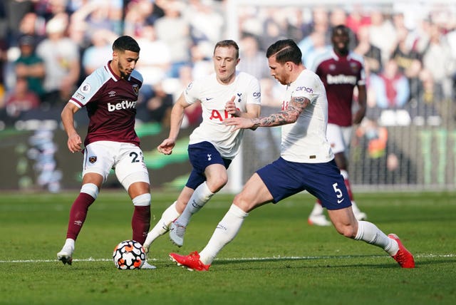 West Ham’s Said Benrahma and Tottenham’s Pierre-Emile Hojbjerg battle for the ball