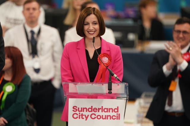 Labour’s Bridget Phillipson standing behind a microphone after winning her seat