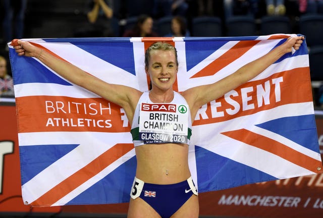 Keely Hodgkinson celebrates winning the 800m at the European Indoor Championships in 2020