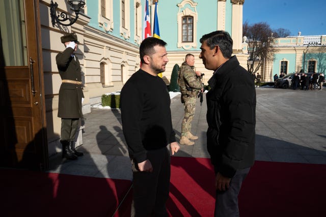 Rishi Sunak being welcomed by President Volodymyr Zelensky during a visit to Kyiv in 2024 