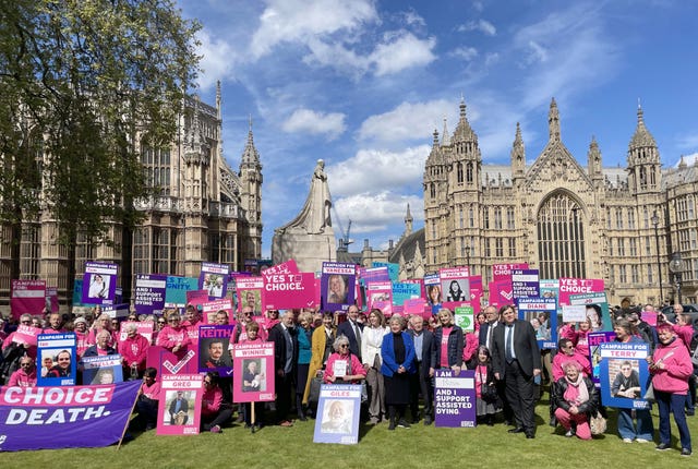 Campaigners are joined by some Members of Parliament as they protest outside Parliament in Westminster, London, ahead of a debate in the House of Commons on assisted dying