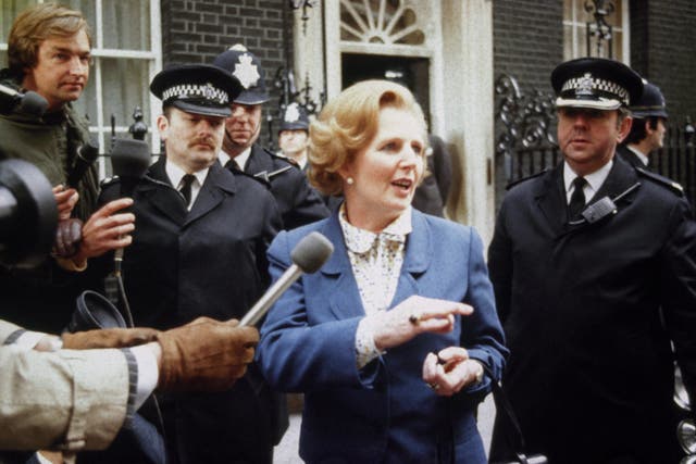 Margaret Thatcher speaks to the press on her first day as Prime Minister in May 1979