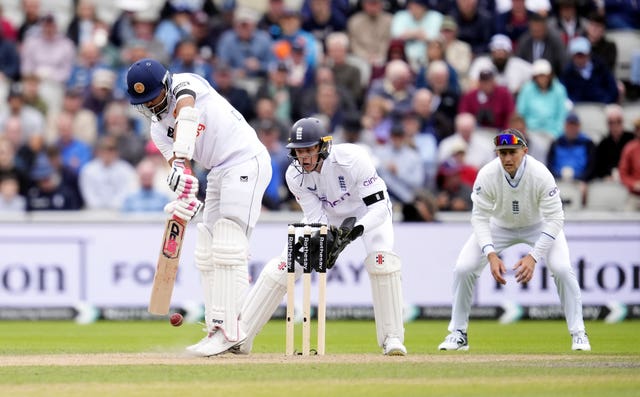 Dinesh Chandimal is trapped lbw by Shoaib Bashir