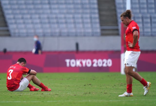 Great Britain's Alex Davis (left) and Dan Bibby appear dejected after defeat in the Men's Rugby Sevens bronze medal match