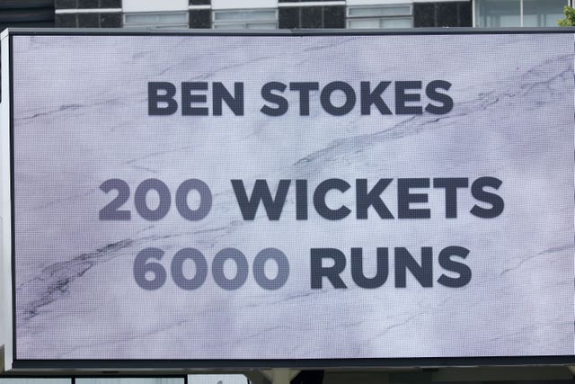 A message on the big screen saying England’s Ben Stokes has taken 200 wickets and made 6,000 runs in Test cricket