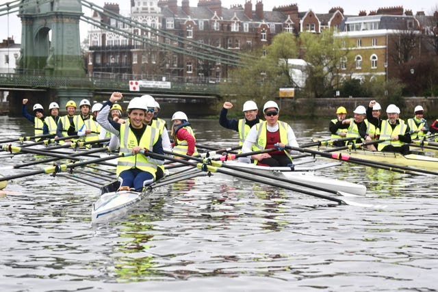 A group of rowers, including former British Olympians and Oxford and Cambridge boat race competitors, taking part in a demonstration in front of Hammersmith Bridge in west London over the Government’s inability to agree a repair plan for the bridge after almost two years