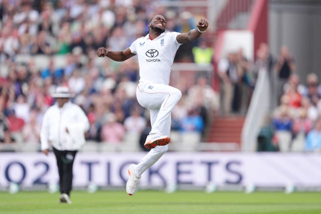England’s Jofra Archer celebrates after taking the wicket of India’s Ravindra Jadeja