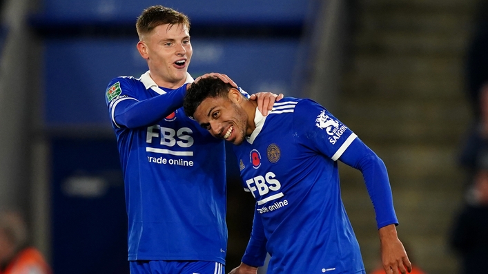 James Justin, right, celebrates with Harvey Barnes after opening the scoring against Newport (Mike Egerton/PA)