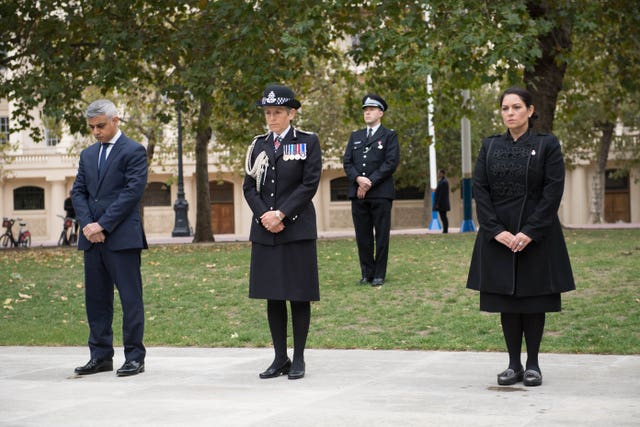 London Mayor Sadiq Khan, Met Police Commissioner Dame Cressida Dick and Home Secretary Priti Patel at the National Police Memorial in London