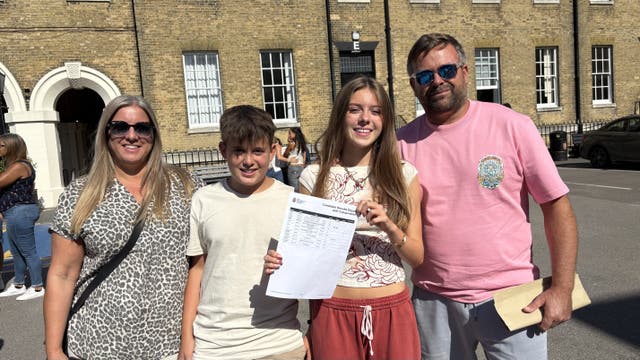 Livs Cook (second right) receiving her GCSE results with her parents Vicki and Pete (right) and her brother Zac