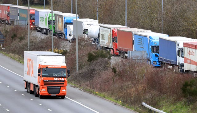 Lorries queue to enter the Eurotunnel site in Folkestone, Kent (Gareth Fuller/PA)