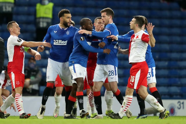 Rangers' Glen Kamara (centre) argues with Slavia Prague's Ondrej Kudela 