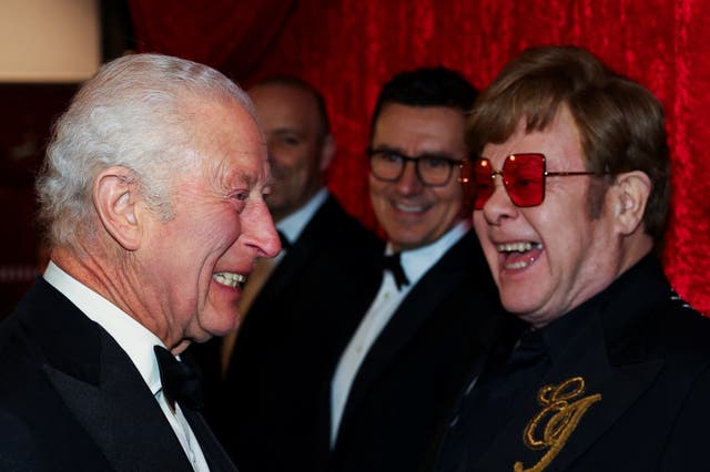 The King and Sir Elton John laugh as they meet at the Royal Variety Performance in 2024