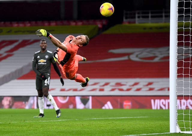 Arsenal goalkeeper Bernd Leno makes a save during 0-0 draw with Manchester United at the Emirates Stadium