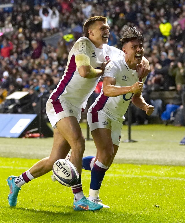 Marcus Smith (right) celebrates with Henry Slade after scoring England's only try 