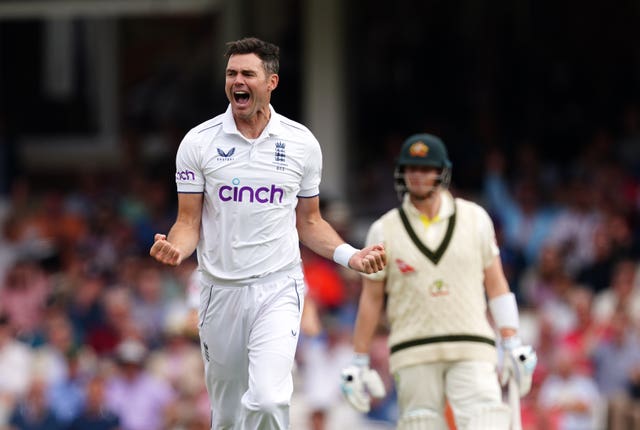 England’s James Anderson, left, celebrates the wicket of Australia’s Mitchell Marsh, not pictured, in the 2023 Ashes as non-striker Steve Smith looks on