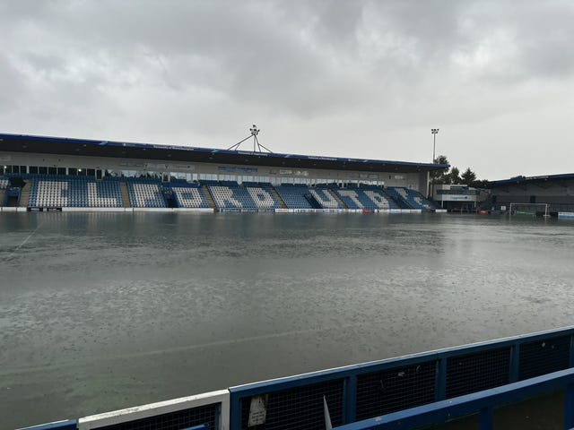 Undated handout photo taken with permission from the social media site X, formerly Twitter, of @LukeShelley1 of flooding at the SEAH Stadium, home to Telford United football grounds, in Wellington in Shropshire after parts of England were lashed by heavy rain and flooding in the early hours of Friday