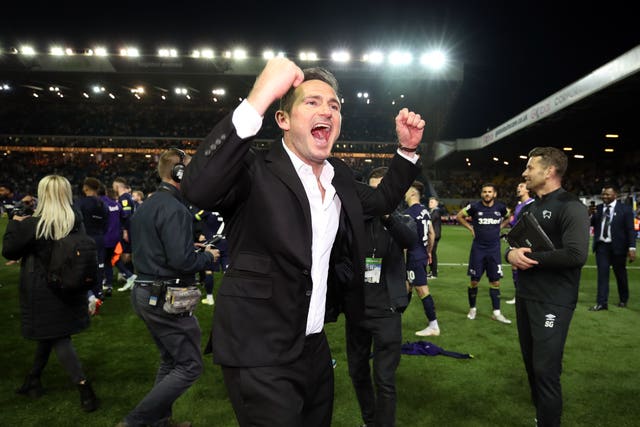 Lampard led the celebrations after Derby beat Leeds at Elland Road in the 2019 Championship play-off semi-finals