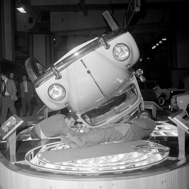 A Volkswagen Beetle displayed in an unusual way at the 1962 London Motor Show (PA).