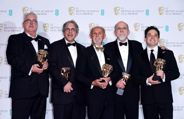 Alex Gibson, Mark Weingarten, Gregg Landaker, Richard King and Gary A Rizzo with the Bafta for best sound, for Dunkirk (Ian West/PA)