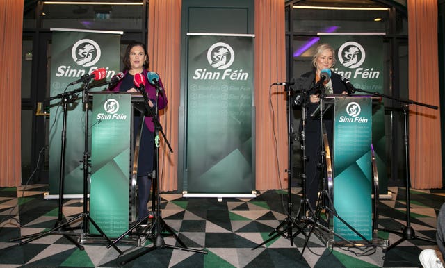 Sinn Fein leader Mary Lou McDonald and Northern Ireland’s First Minister, Sinn Fein vice president Michelle O’Neill, speaking during a press conference at the Alex Hotel in Dublin