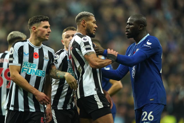 Tempers flare between Joelinton (centre) and Kalidou Koulibaly (right) 