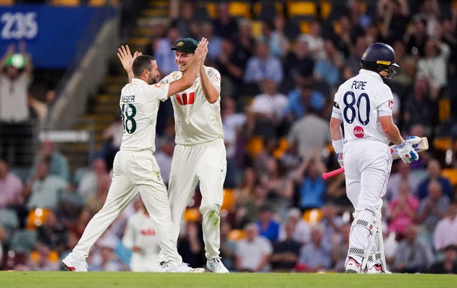 Michael Neser celebrates the wicket of England’s Ollie Pope