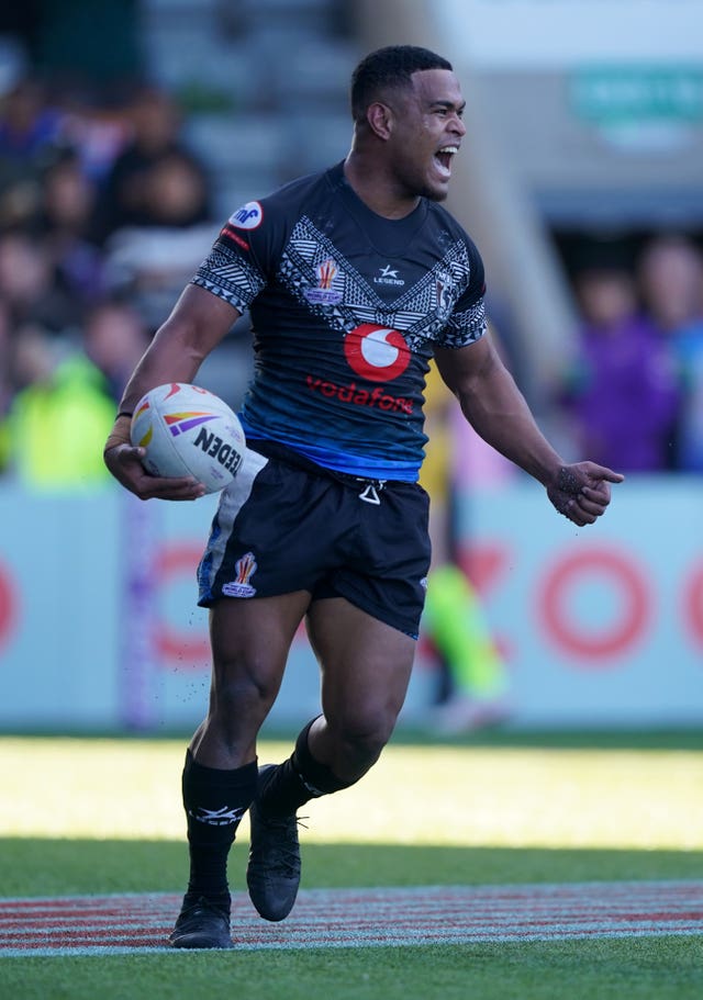 Penioni Tagituimua celebrates Fiji's sixth try 