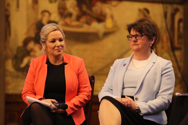 DUP leader Arlene Foster (right) and Sinn Fein’s Stormont leader Michelle O’Neill (Owen Humphreys/PA)
