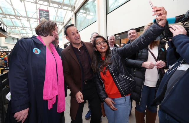Taoiseach Leo Varadkar and Fine Gael candidate Gabrielle McFadden canvassing at the Sheraton Shopping Centre in Athlone, County Westmeath