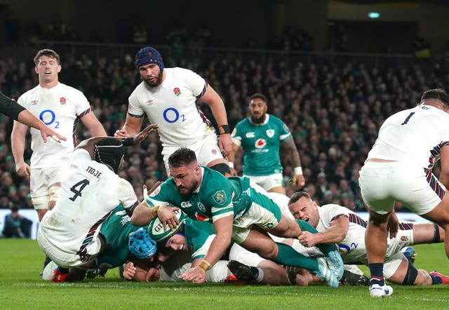 Ireland hooker Ronan Kelleher scores a disallowed try against England