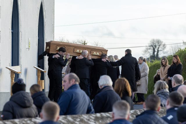 The coffin of Shay Duffy is carried from St Patrick’s Church